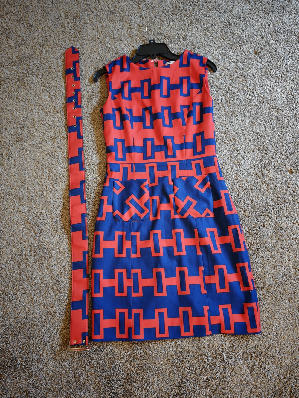 Bold Geometric Sheath Dress in Coral and Navy